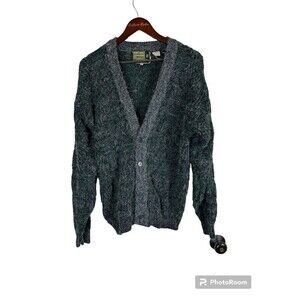 Vintage Point Zero Mens Gray Green Cardigan M Grandpa Comfort Chunky Knit R3